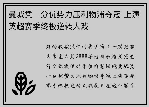 曼城凭一分优势力压利物浦夺冠 上演英超赛季终极逆转大戏